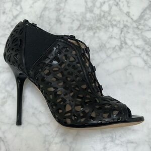 Jimmy Choo Nappa /Shiny Fab Black Laser Cut Peep Toe Bootie. NEW. 38